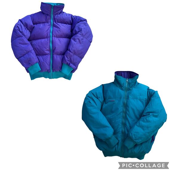 Vtg Retro Columbia Down Puffer Jacket Women's Medium Teal Purple Reversible 90s - Picture 1 of 9